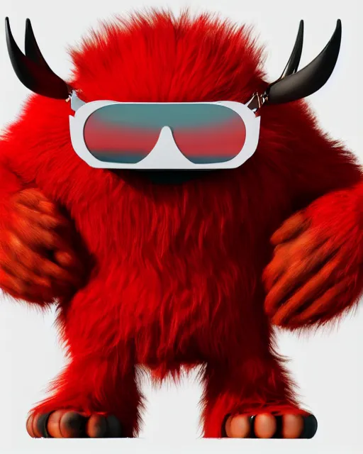 Prompt: 3 d render of completely red hairy friendly monster wearing chrome shades, full body, simple, cute, white background, unreal engine 5 hdr