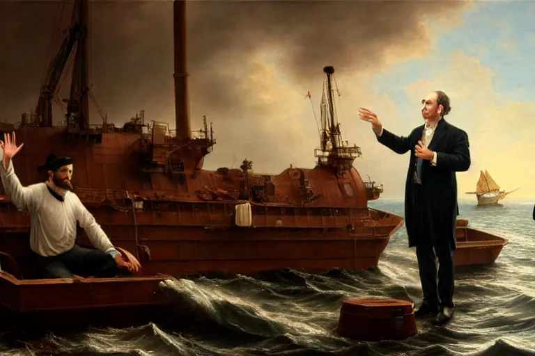 Image similar to ( ( a beautiful 8 k photorealistic masterpiece oil painting ) ( of ( a man lecturing on navigation while the ship is sinking ) ) ( hyperrealism ) ( 1 6 k ) ( trending on artstation )