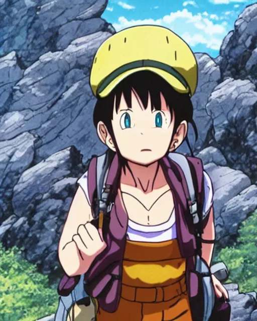 Image similar to a girl hiking the appalachian mountains, full shot, visible face, ambient lighting, detailed, very modern anime style, art by akira toriyama, eiichiro oda, hayao miyazaki, kentaro miura, masashi kishimoto