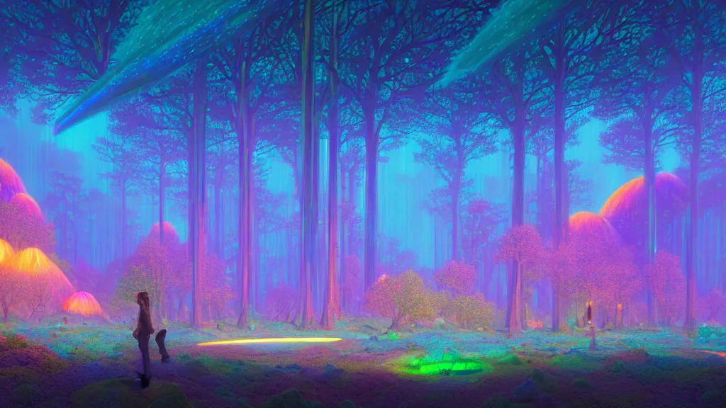 Prompt: highly detailed holographic iridescent glowing ethereal sci fi world with forests, deserts, oceans, at dusk, by gilbert williams, by simon stalenhag, by beeple, by bruce pennington, by moebius, octane render, with many different pastel shades of blue pink orange yellow green, beautiful volumetric lighting, prismatic fire