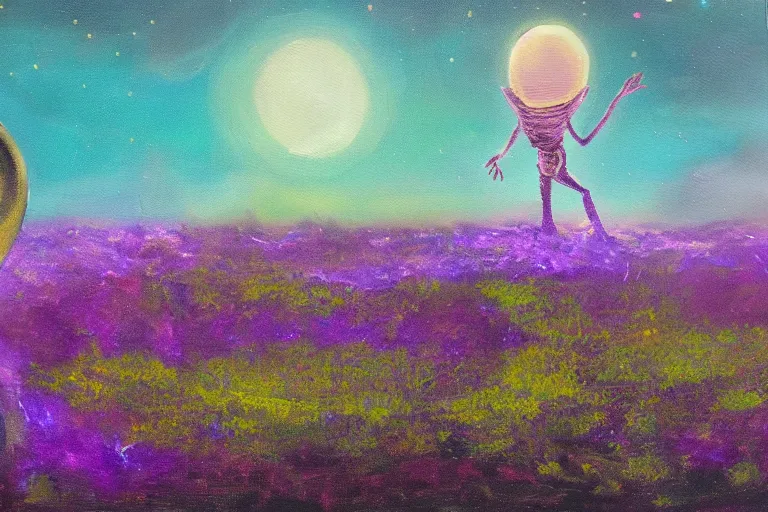 Prompt: a oil painting of a extraterrestrial alien lost in a meadow, tall plants, purple lighting, night sky, glows, moonlight,