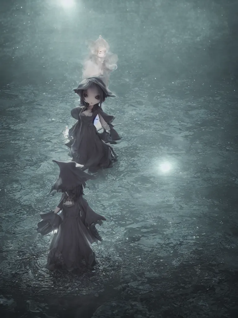 Image similar to cute fumo plush girl witch standing in reflective murky river water, otherworldly gothic horror maiden in tattered cloth, hazy heavy swirling volumetric fog and smoke, moonglow, lens flare, vray