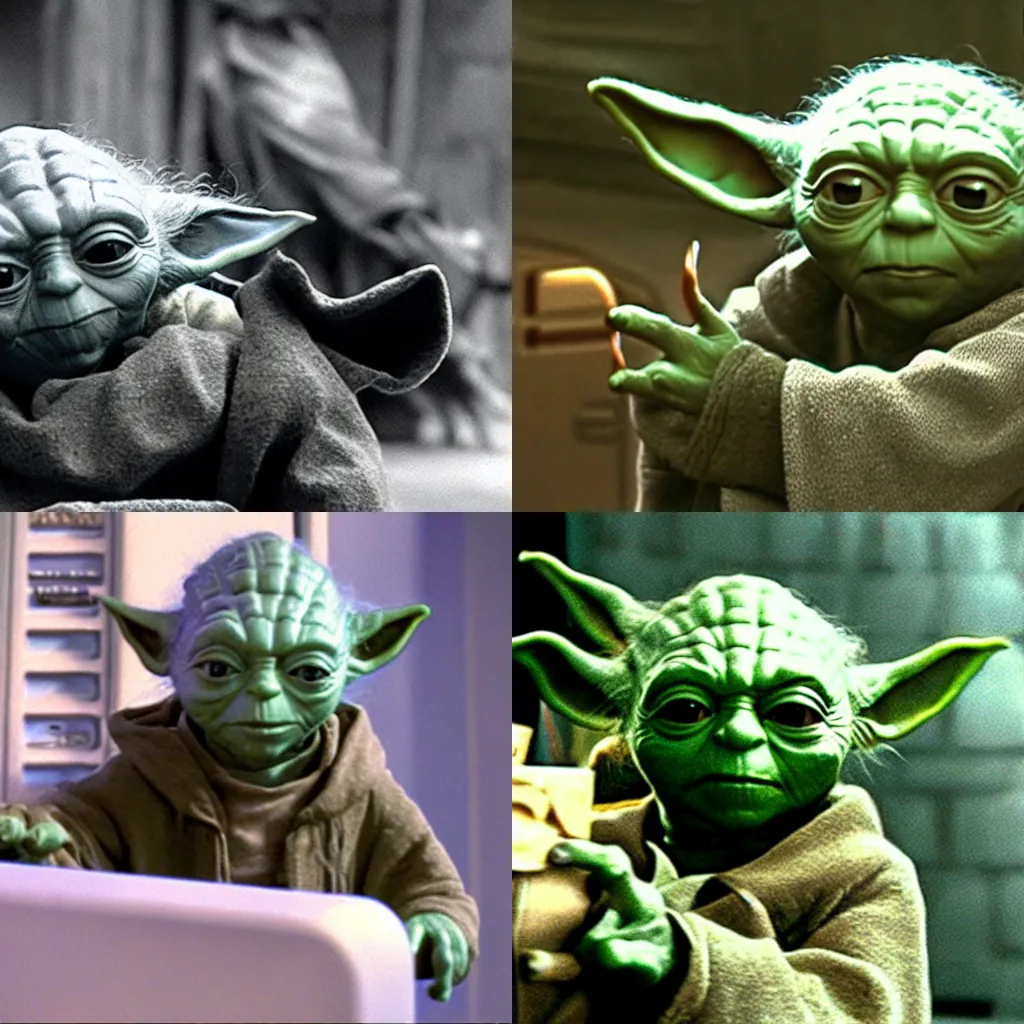 Prompt: film still of yoda robbing robbing robbing a bank, highly detailed photo, full shot, depth of field