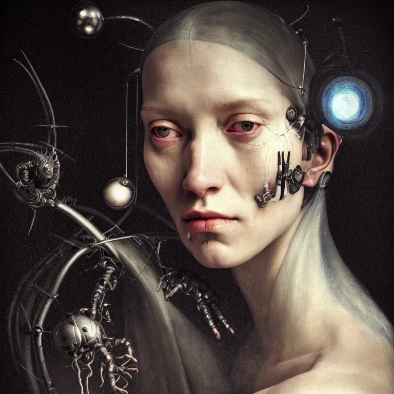 Prompt: beautiful portrait of cyborg witch by hieronymus bosch, soft grainy bloom lucid dream - like atmosphere, harsh flash photo, baroque portrait painting, perfect composition, detailed octane render trending on artstation, 8 k artistic photography, volumetric cinematic perfect light, chiaroscuro, masterpiece, raphael, caravaggio, beksinski, rutkowski, beeple