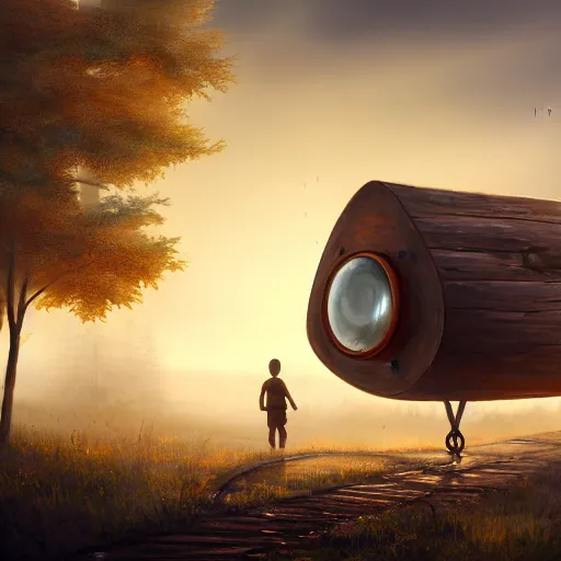 Image similar to a walking wood and metal house with two mechanical legs and two eyes, rust, hyperrealistic, highly detailed, cinematic, single ray of sun, morning, fog, city in background, beautiful, cgssociety, artstation, 8 k, oil painting, digital art