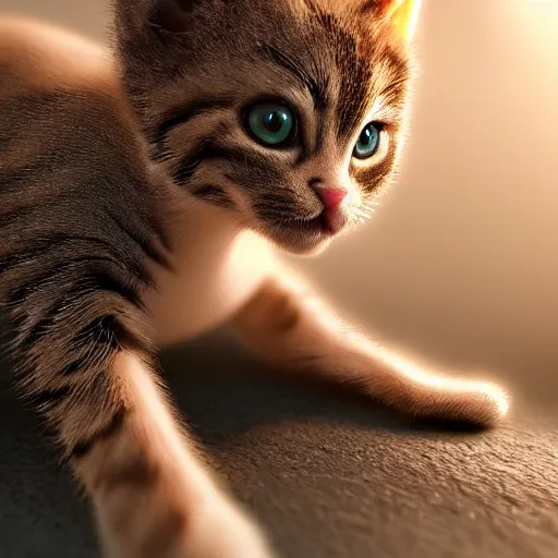 Image similar to full body pose, hyperrealistic photograph of a cute cyborg kitten, dim volumetric lighting, 8 k, octane beautifully detailed render, extremely hyper detailed, intricate, epic composition, cinematic lighting, masterpiece, trending on artstation, very very detailed, stunning, hdr, smooth, sharp focus, high resolution, award, winning photo, dslr, 5 0 mm