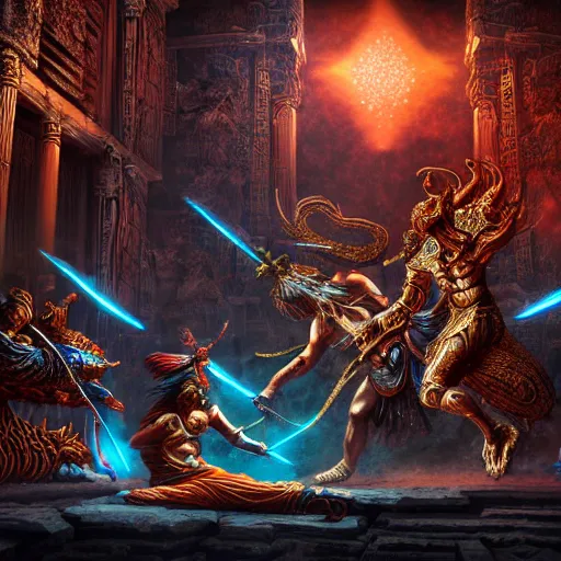 Prompt: fantasy sci fi characters fight in ancient temple, dark vibrant colors, action scene, 8 k, lumen reflections, sharpened, insanely detailed and intricate, hypermaximalist, elegant, ornate, hyper realistic, super detailed, digital art, blue
