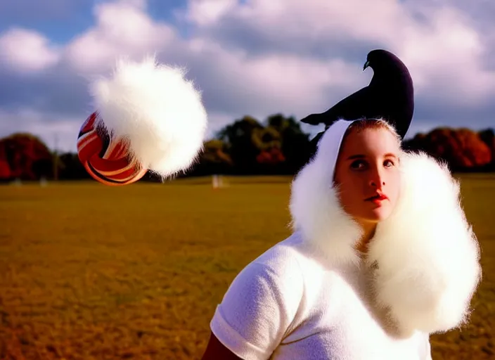 Image similar to realistic photo portrait of the woman volleyball team white cotton fluffy bird white carnival costumes shorts, fluffy pigeon head face portrait, wood in autumn, grey dusk sky with black clouds 1 9 9 0, life magazine reportage photo,