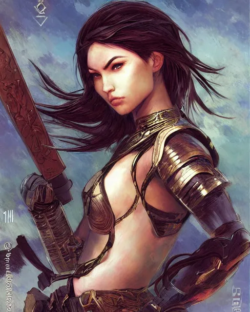 Image similar to a beautiful and strong female warrior by Ross Tran and Jules Bastien-Lepage and Laura Sava