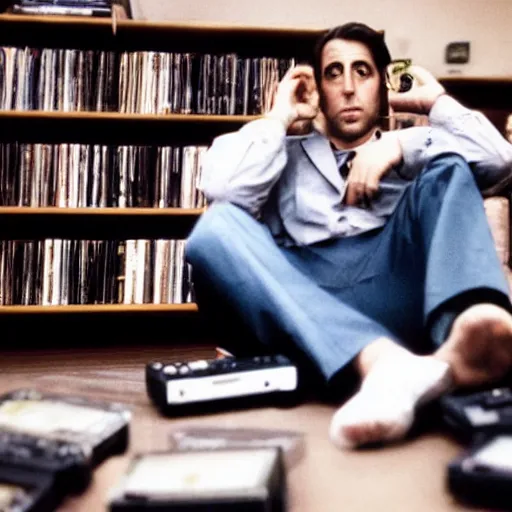 Image similar to michael corleone, dejected, sitting on a pile of xbox consoles, in front of a shelf of video game cd