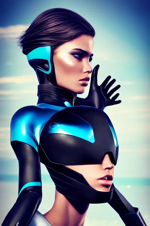 Image similar to a stunning upper body portrait of a beautiful young woman wearing futuristic deep black battle bodyarmor with ombre navy blue teal hairstyle blowing in the wind by marvel comics, digital art, trending on artstation