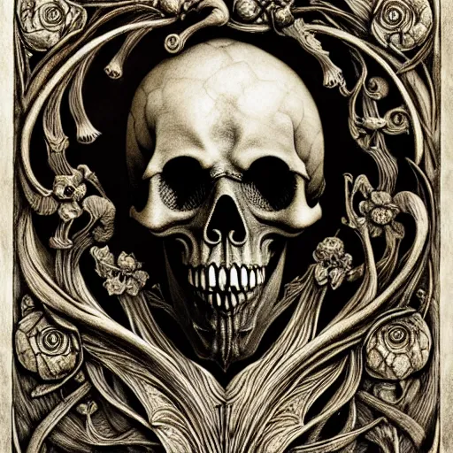 Image similar to memento mori by arthur rackham, art forms of nature by ernst haeckel, photorealistic ultra - detailed octane render, art nouveau, gothic, ornately carved beautiful skull mask dominant, intricately carved ornamental antique bone, art nouveau botanicals, art forms of nature by ernst haeckel, horizontal symmetry, symbolist, visionary