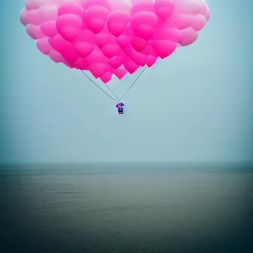 Image similar to a 5 0 mm lens photograph of a cute pink floating modern house, floating in the air between clouds, inspired by the movie up, held up from above by a heart - shaped ballon. mist, playful composition canon, nikon, award winning, photo of the year