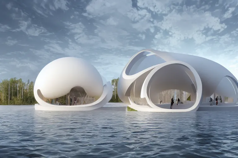 Prompt: many white egg shaped spherical spaces ， intersect and bite to form a modern science fiction building ， by pierre bernard, on the calm lake, people's perspective, future, interior wood, marble, award winning, highly detailed 4 k art, dusk, unreal engine highly rendered, global illumination, radial light, internal environment