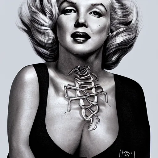 Image similar to Marylin Monroe by HR Giger, digital art, artstation, cgsociety, hyper-detailed, award-winning, trending