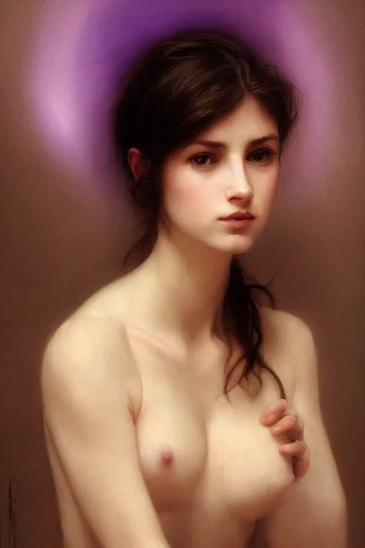 Image similar to Portrait of Amy Rose by bouguereau, abstract purple lighting, intricate, elegant, somber, highly detailed, oil painting, smooth, sharp focus, illustration, art by artgerm and greg rutkowski and zdislav beksinski