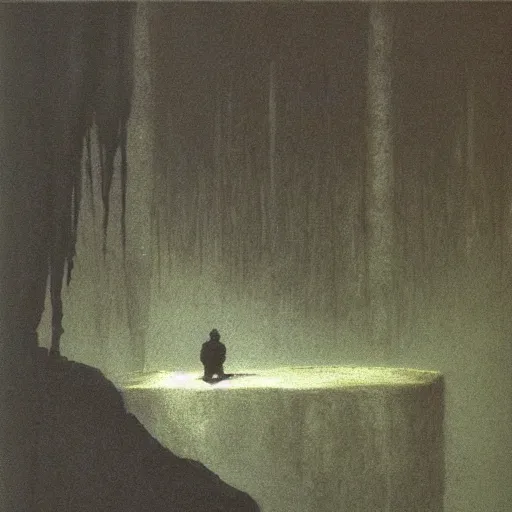 Image similar to a man sits at the edge of a river in the underworld in hades as he waits for the ferryman, charon, greek mythology, beksinski