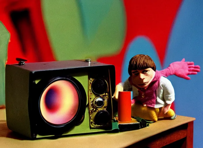 Image similar to a scene from a 1 9 7 0 s british kids tv programme by the bbc and oliver postgate, stop motion animation, peter dinklage, vhs distortion, cathode ray tube distortion, folk horror, hauntology, 8 k, 8 5 mm f 1. 8, studio lighting, rim light, right side key light