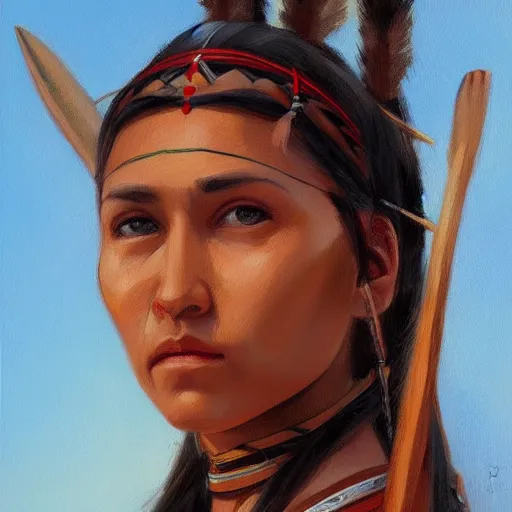 Image similar to Portrait painting of a native american female holding a spear, artstation