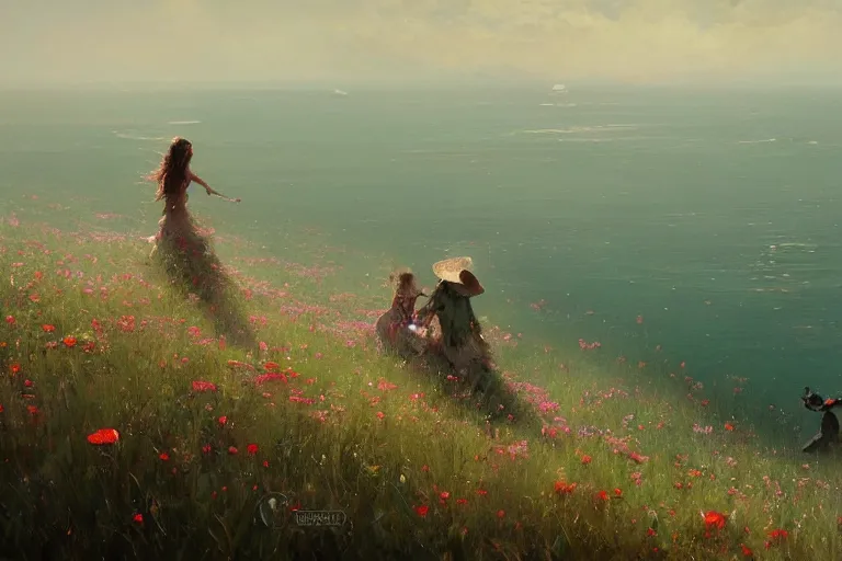 Image similar to a beautiful painting of the sea of flower, two people, by greg rutkowski, trending on artstation