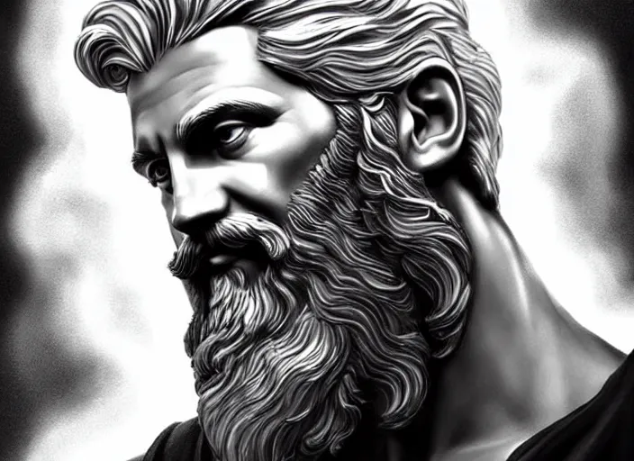 Image similar to zeus god of the sky holding the lightings + older man with a beard + father of all gods and humans + beautiful face and pretty face + intricate complexity, rule of thirds, style by artgerm, dramatic lighting