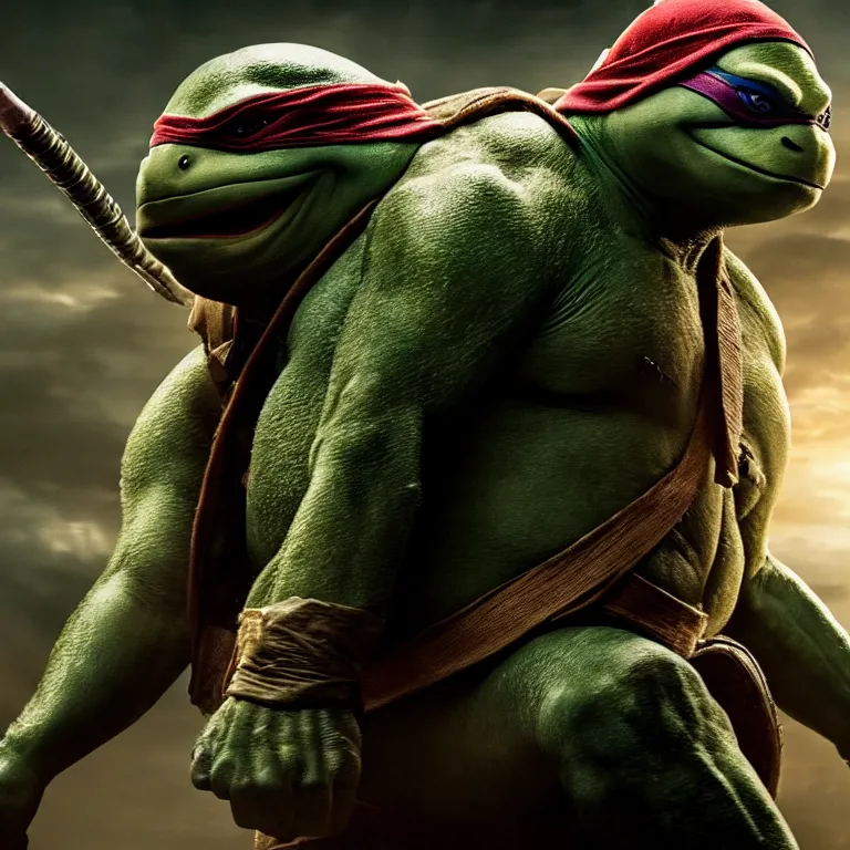 Image similar to hyper realistic teenage mutant ninja turtle movie still, gritty, realistic, noir, fight scene,