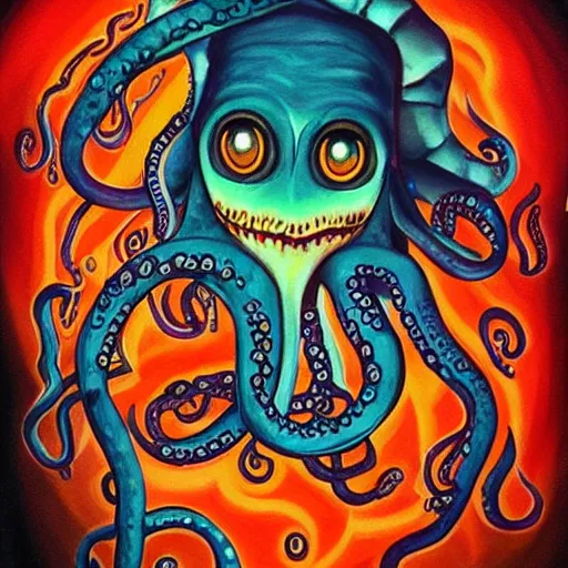 Image similar to Cthlulu!!!!!!!!!!!!!!! Is an influencer on instagram trying to sell his MLM candles, pyramid scheme, Squid-face lovecraftian eldritch profile pic, oil painting, tentacles, glow galaxy background,