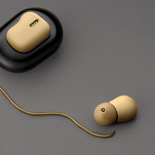 Image similar to a single beige truly wireless earbud with gold accents, beige case, studio, product photo