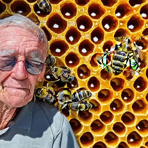 Image similar to an old man that looks like a honeycomb, bees in the background