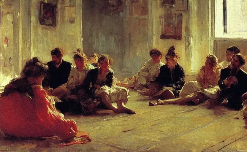 Image similar to high quality high detail painting by ilya repin, people sitting on the floor around the room, hd