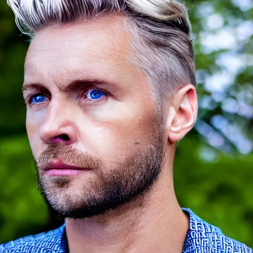 Image similar to close up of face of very handsome 4 0 year old slavic blond man with blond stubble, very short wavy blond hair in a short pompadour style, pale skin, very dark blue eyes, hairy shoulders, hairy chest, portrait, 4 k