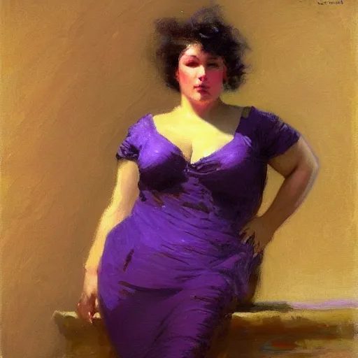 Prompt: a woman in a purple shirt with a curvy body type, painting by Gaston Bussiere, Craig Mullins