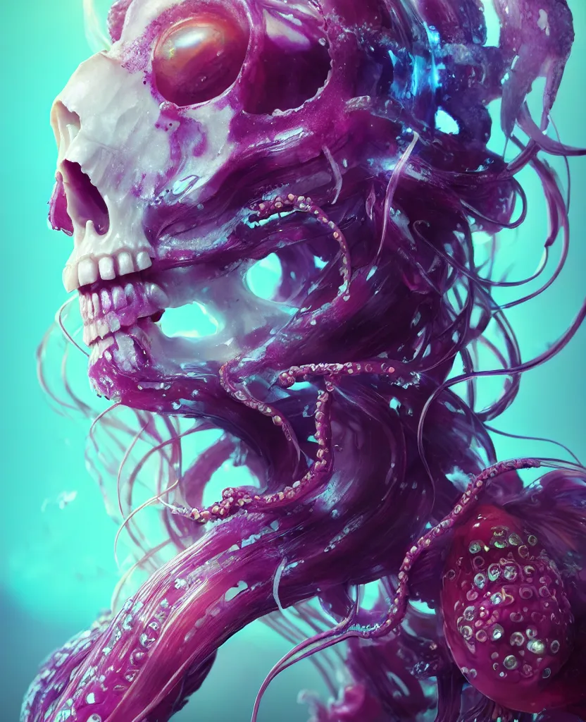 Image similar to goddess close - up portrait human skull, ram skull, squid phoenix jellyfish, orchid, betta fish, bioluminiscent, intricate artwork by tooth wu and wlop and beeple. octane render, trending on artstation, greg rutkowski very coherent symmetrical artwork. cinematic, hyper realism, high detail, octane render, 8 k