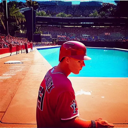 Image similar to “a realistic detailed photo of a guy who is named Mike Trout a baseball player, frozen like a statue, with shiny skin, by a pool, on display”