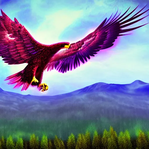 Prompt: psychedelic Eagle soaring over mountain forest 4k trending on artstation