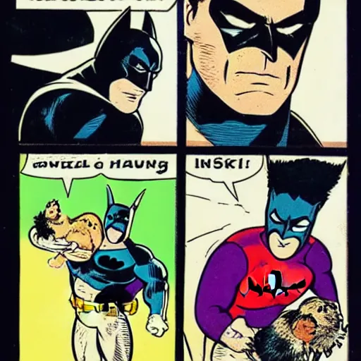 Image similar to Batman holding a hamster as he swings from a web, vintage comic book style