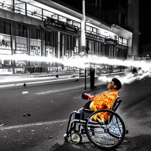 Prompt: A disabled person in a wheelchair throws a Molotov cocktail into the building at night. Urban landscape