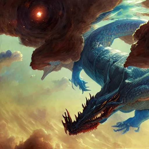 Prompt: Gigantic blue scaled dragon devouring an earth like planet while flying in space, sun system, nebula, oil painting, by Fernanda Suarez and Edgar Maxence and Greg Rutkowski