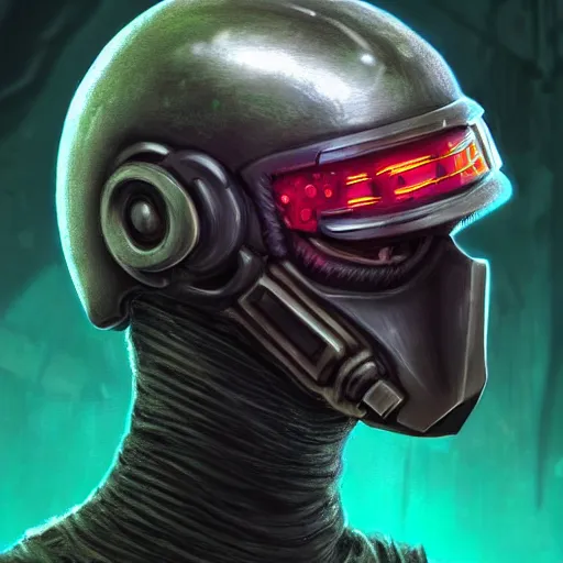 Image similar to helmet cyberpunk made of green lava and fire, profile portrait, cyberpunk fashion, character design humanoid, realistic shaded perfect face, fine details, very dark environment, misty atmosphere, closeup, d & d, fantasy, intricate, elegant, highly detailed, digital painting, artstation, concept art, matte, sharp focus, illustration, hearthstone, art by artgerm and greg rutkowski