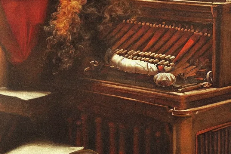 Image similar to smoke pipe organ, high detail baroque oil painting