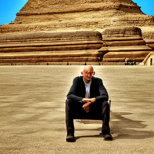 Prompt: bald man sitting on a bench in front of the sphinx, hyper realistic, hdr