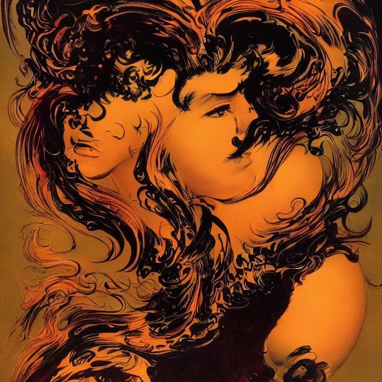 Image similar to portrait of a woman with swirling hair and fractal skin by frank frazetta, retrofuturism, psychedelic art reimagined by industrial light and magic