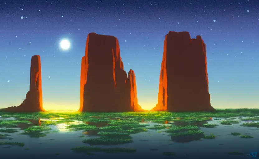 Image similar to a cell - shaded studio ghibli concept art study of a square dimensional portal doorway in a flooded monument valley easter island on a misty starry night. water is flowing out of the mouth of the portal. very dull colors, hd, 4 k, hq