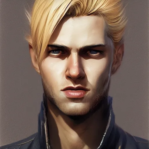 Image similar to hot looking blonde wearing jacket, light stubble, digital art, photorealistoc, art by greg rutkowski, hyperdetailed, western comic style, comic, comic style, sharp lineart, professional lighting, deviantart, artstation, trevor henderson, rossdtaws, cinematic, dramatic