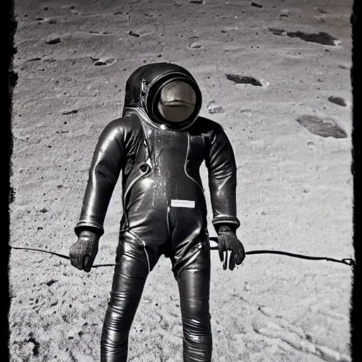 Image similar to detailed photo of a diver wearing an early diving suit on the moon holding an electric guitar. old diving suit. old diving suit photos. detailed. colorized