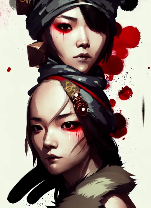 Prompt: highly detailed closeup portrait of a sewer punk asian female assasin, tartan cloak, blonde hair with headband by atey ghailan, by greg rutkowski, by greg tocchini, by james gilleard, by joe fenton, by kaethe butcher, gradient red, black, brown and white color scheme, grunge aesthetic!!! white graffiti tag wall background