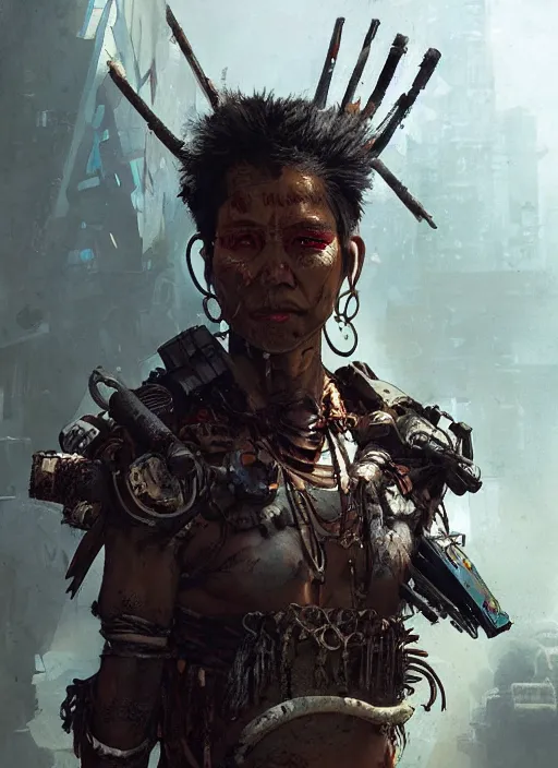 Prompt: hyper realistic photography portrait of postapocalyptic cyberpunk asian cyborg tribal aztec warrior amazon cinematic, vallejo, craig mullins greg rutkowski, artstation, cgsociety