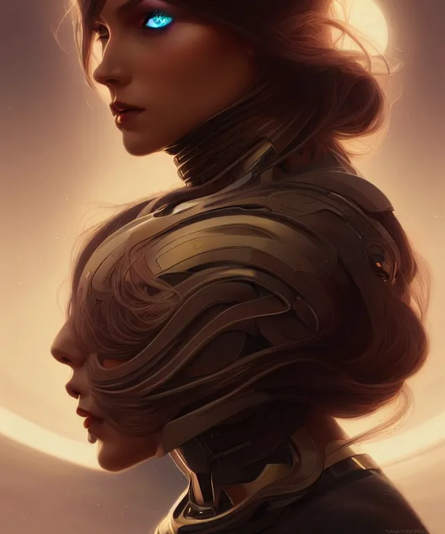 Image similar to futuristic woman portrait, sci-fi, amber eyes, face, long hair, fantasy, intricate, elegant, highly detailed, digital painting, artstation, concept art, smooth, sharp focus, illustration, art by artgerm and greg rutkowski and alphonse mucha