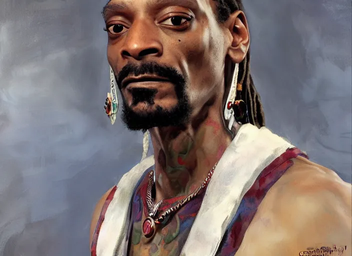 Image similar to a highly detailed beautiful portrait of snoop dogg as kratos, by gregory manchess, james gurney, james jean