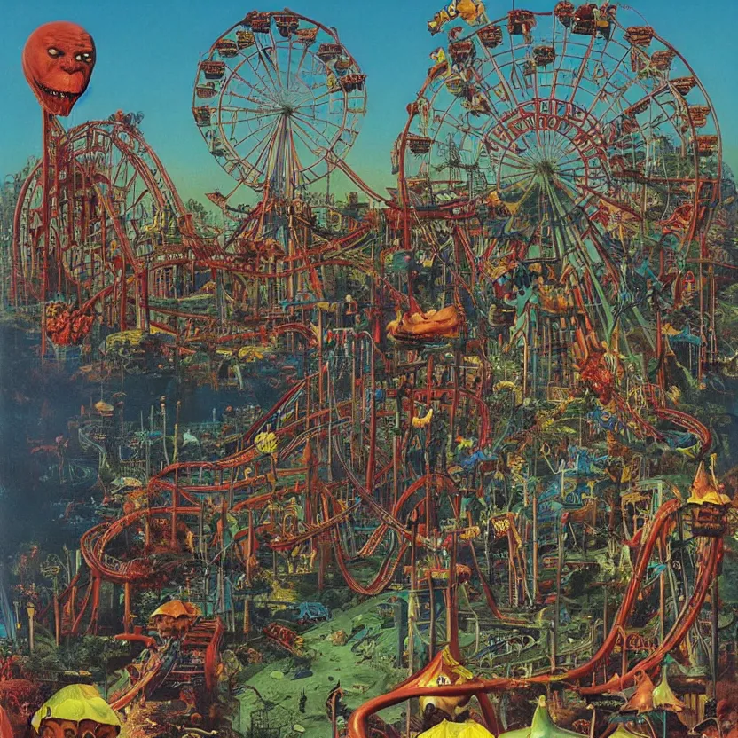 Image similar to an amusement park with rollercoasters, rides, a ferris wheel, and attractions, by richard corben, zdzisław beksinski. goosebumps cover art. pulp horror art.